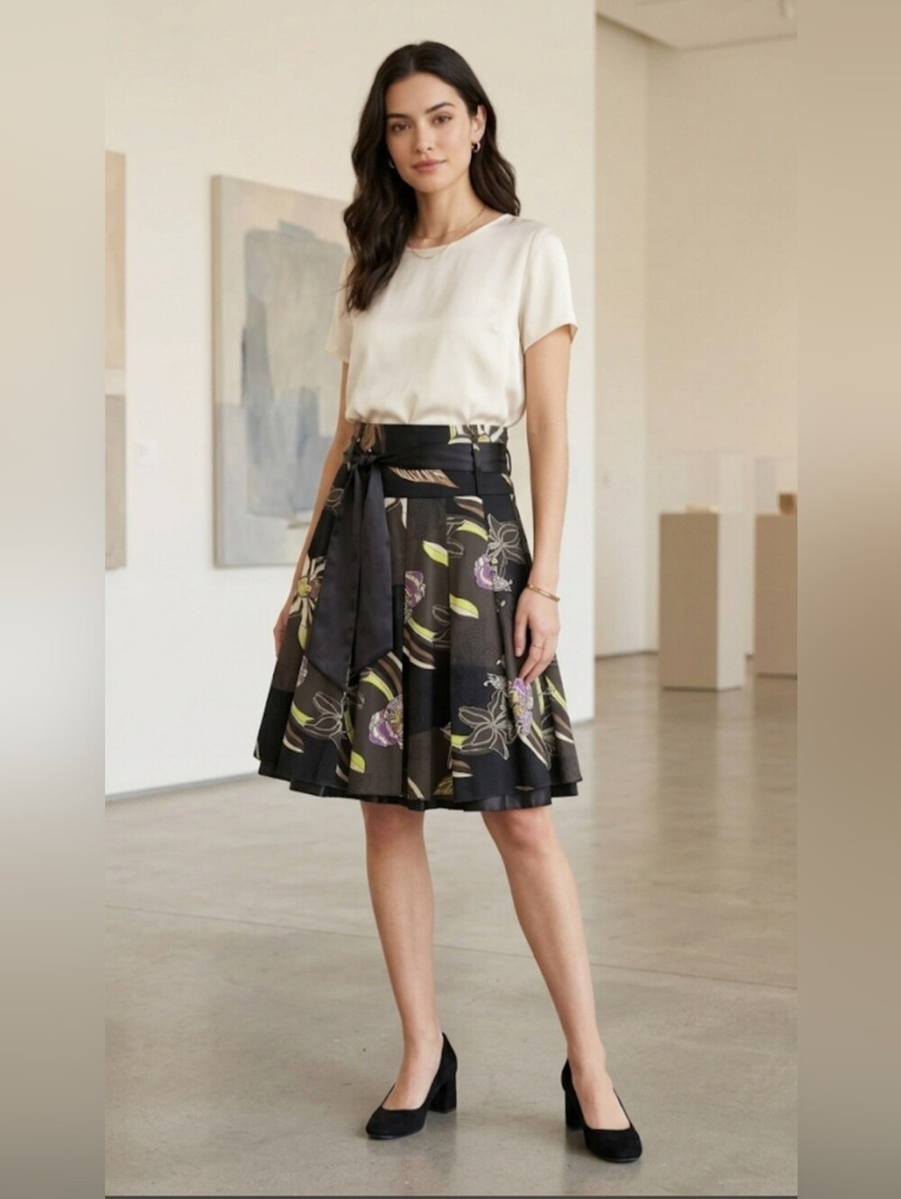 iDO La Vie Black Floral A-Line Skirt with Lime and Purple Accents / Sz 5